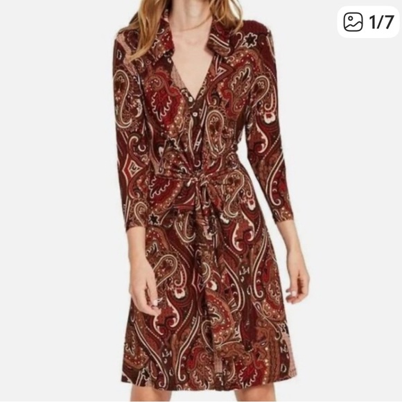 Tommy Hilfiger Dresses & Skirts - Tommy Hilfiger Red and Brown Paisley Long Sleeve Dress